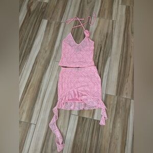 Pink flower white fox skirt set